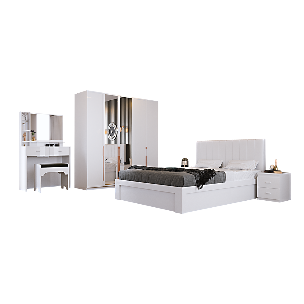 Queen Bedroom Set 4PC (with Storage Bed) Lacquer White
