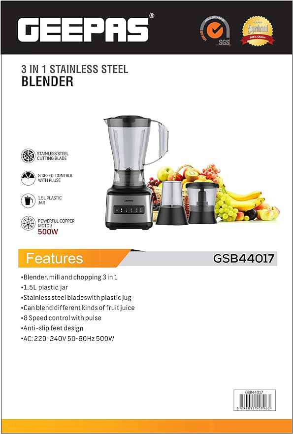 GEEPAS 3 IN 1 STAINLESS STEEL BLENDER GSB44017