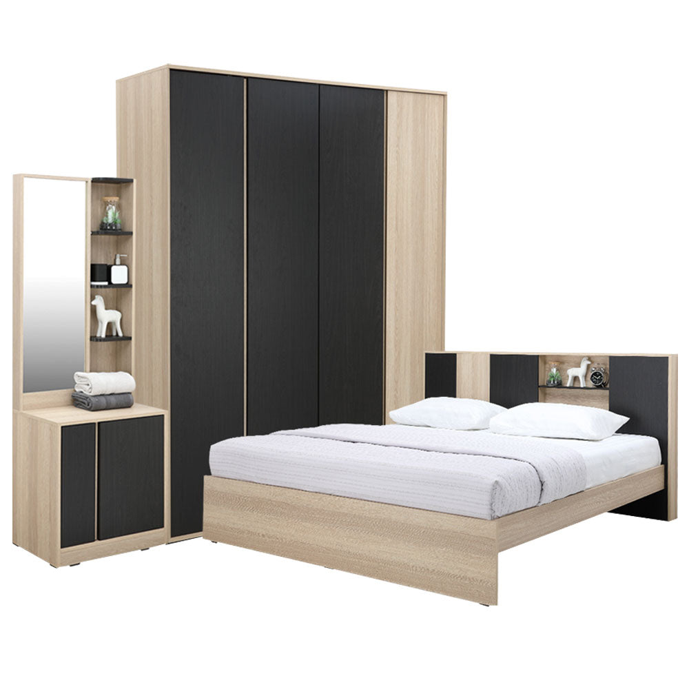 modern bed with dressing table ROTTERDAM Bedroom Set 5 ft. (Bed, 4 Doors Wardrobe, Dressing Table) -