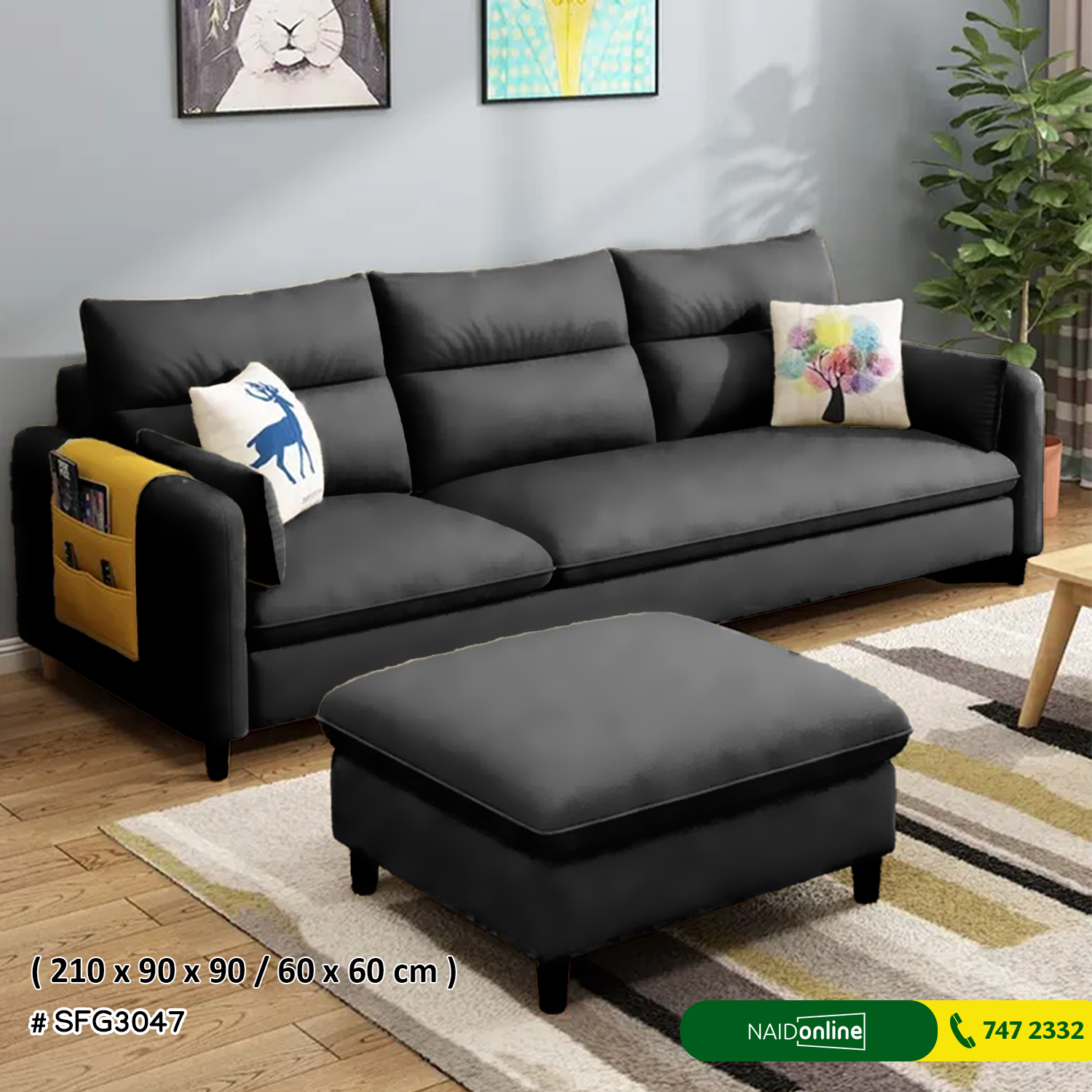 Sofa Set 3 Seater with Ottoman Black Colour SGF3047