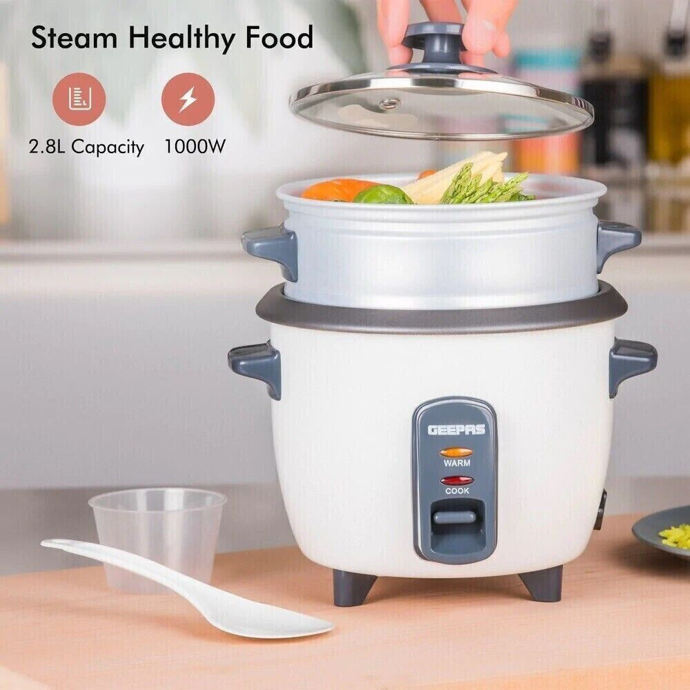 GEEPAS Auto Matic Rice Cooker & Steamer Non-Stick Inner Pot 2.8L 900W White GRC4327N