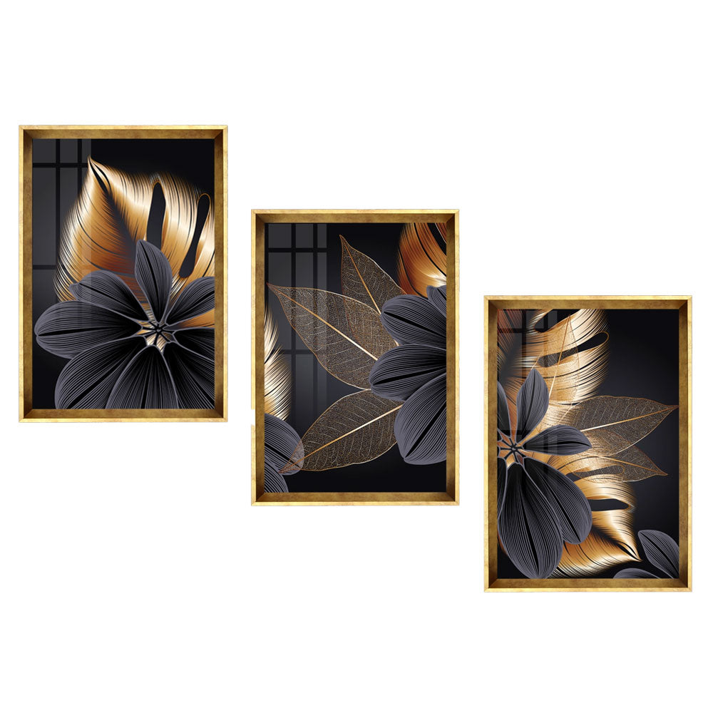 Black copper plant leaf painting set, gold frame, 33x48 (CR-273)