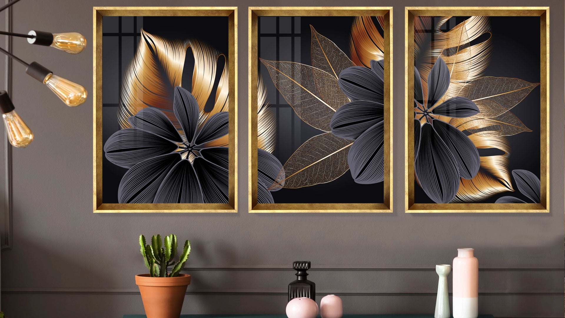 Black copper plant leaf painting set, gold frame, 33x48 (CR-273)