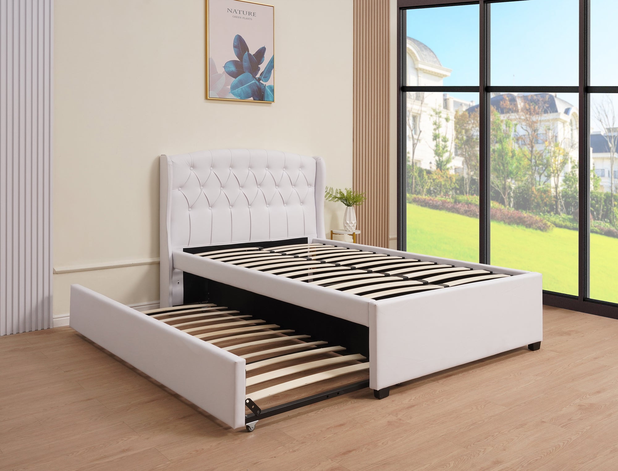 Bed Pull-Out (SSS-A315) Double + Single - White PU, Top (Double Bed 120x200cm - Down Bed Single 90x190CM)