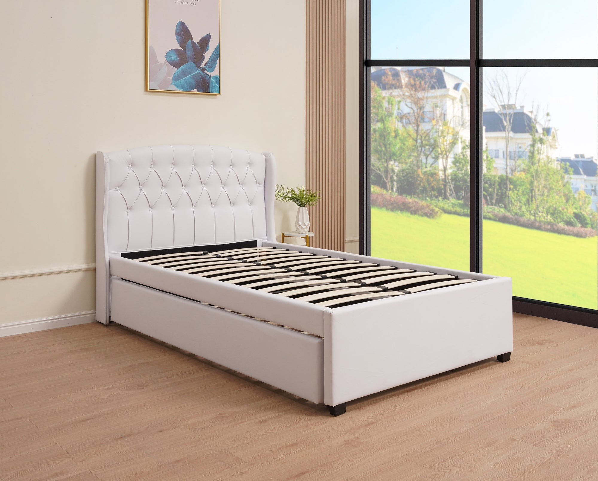 Bed Pull-Out (SSS-A315) Double + Single - White PU, Top (Double Bed 120x200cm - Down Bed Single 90x190CM)