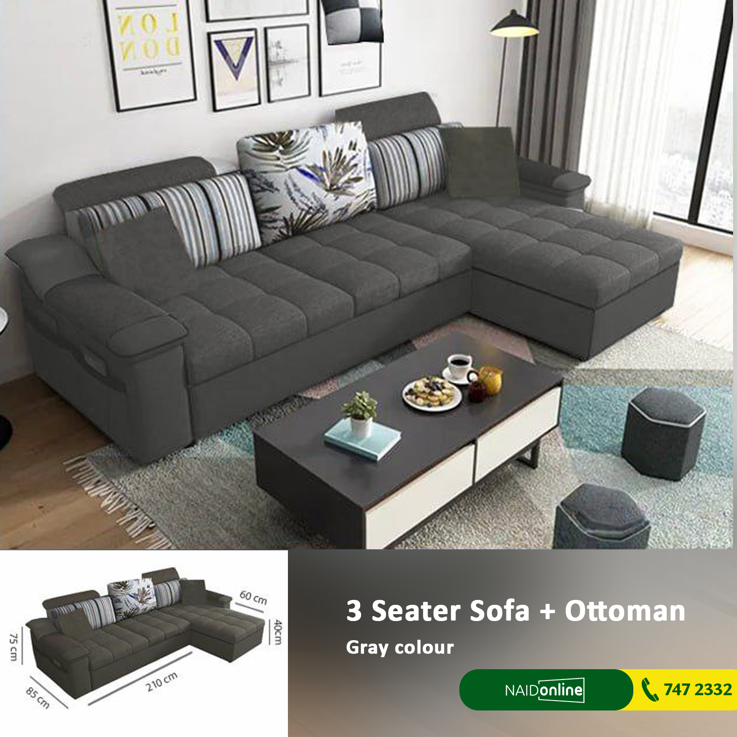 Sofa Set 3 Seater with Ottoman Grey Colour SFB4049